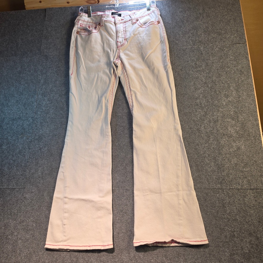 True Religion Joey Flare Jeans Womens 31 White Pink Stitch Good Y2K Denim